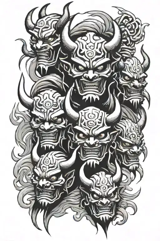 Simple Tattoo Showing Oni Demon Masks With Samurais Around