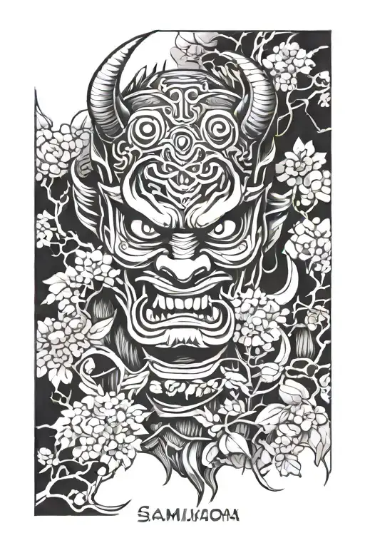 Simple Tattoo Showing Oni Demon Mask With Samurais And Japanese Trees Around