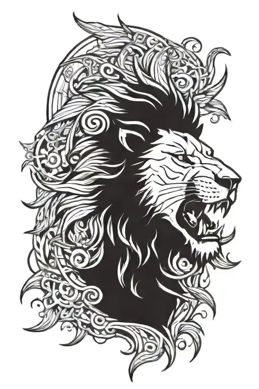 A Lion With A Wolf On His Mouth Wide Open And The Sun Rise Behind Him