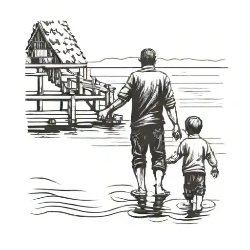 A Father And Son Holding Hands On A Dock Whole Picture