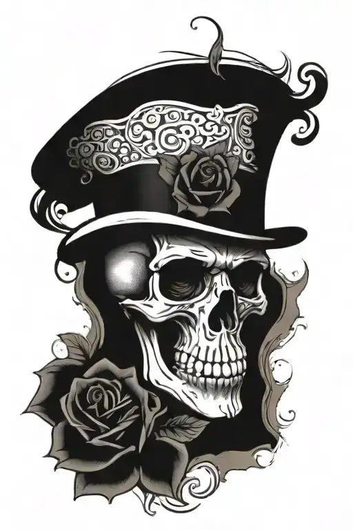 A Skull Wearing A Top Hat While Biting A Rose