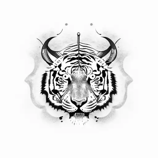 Angey Tiger Head With Extra Eye In The Forehead And Goat Horn