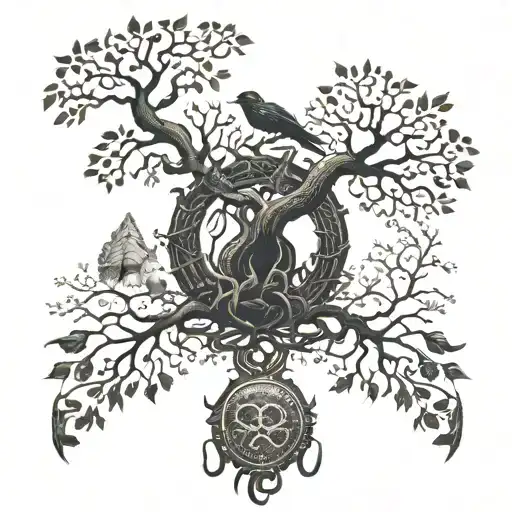 Yggdrasil With Crows And Uroboros Snake Coiled