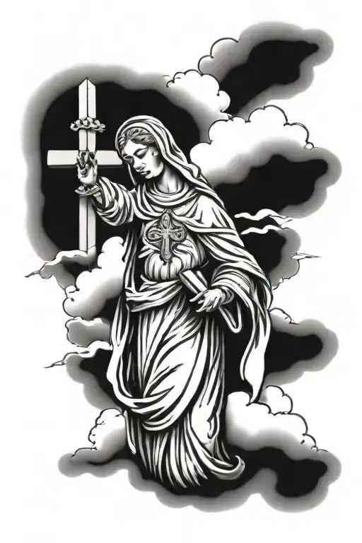 Saint Mary Praying Some Clouds And A Cross