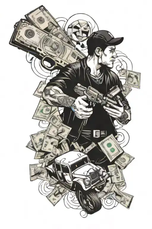 A Man Holding Cash With A Gun And Some Cars Around