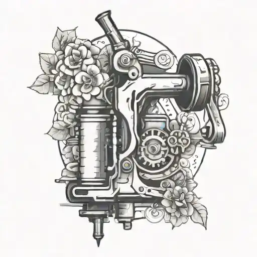 A Tattoo Design Of A Manager's Favorite Tattoo Machine Surrounded By A Floral Black-grey Background