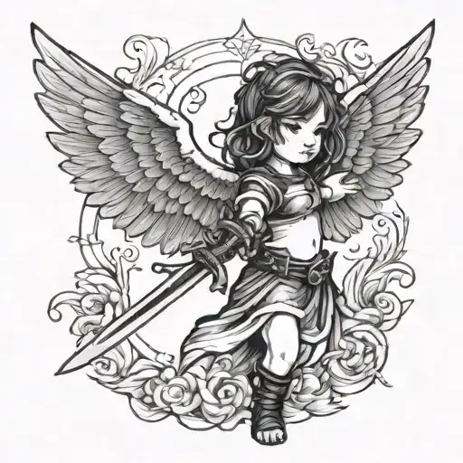 Little Girl Holding A Sword And Wings Spread Wide Open
