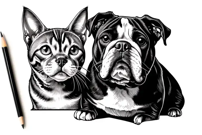 English Bulldog And Cat Sitting