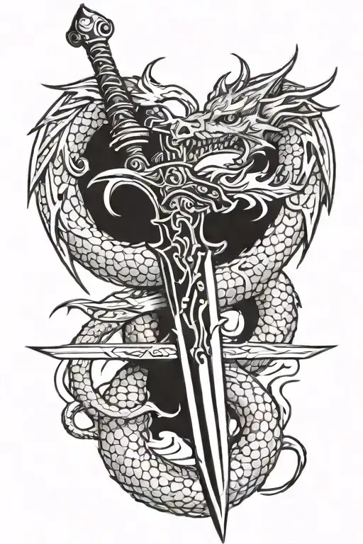 A Sword With A Dragon Around It In Black And White