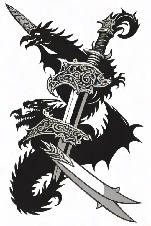 A Sword With A Dragon Around It In Black And White