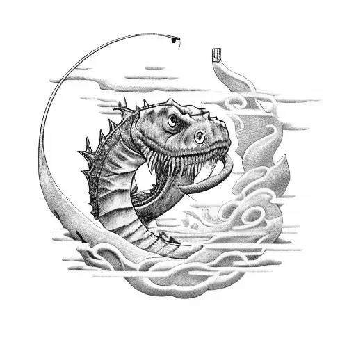 A Fierce Warrior Battling A Giant Digital Sea Monster With A Fishing Rod