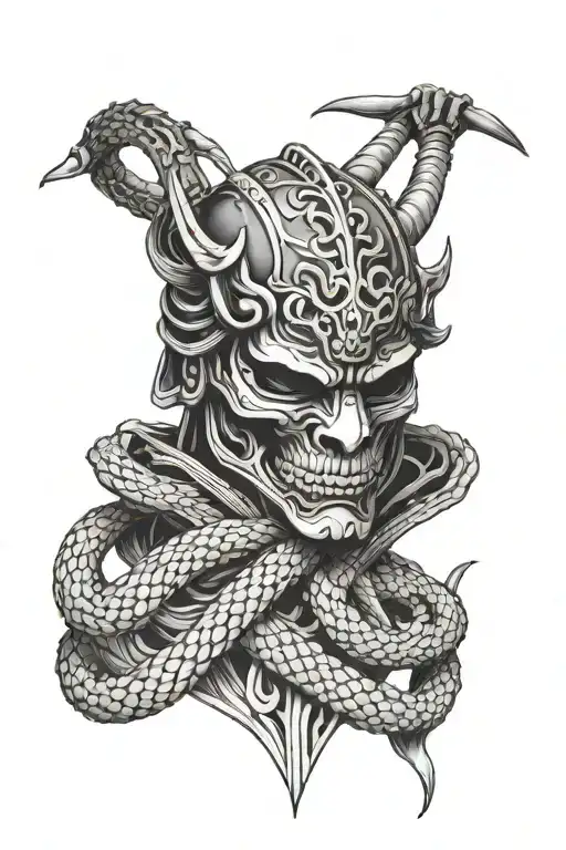 Samurai Mask With A Skeleton Snake Wrapped Around It