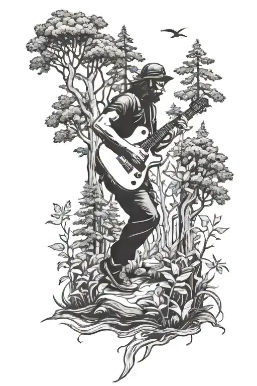 A Blackwork Tattoo Of A Guitar Player Walking Through A Forest Filled With Video Game Elements