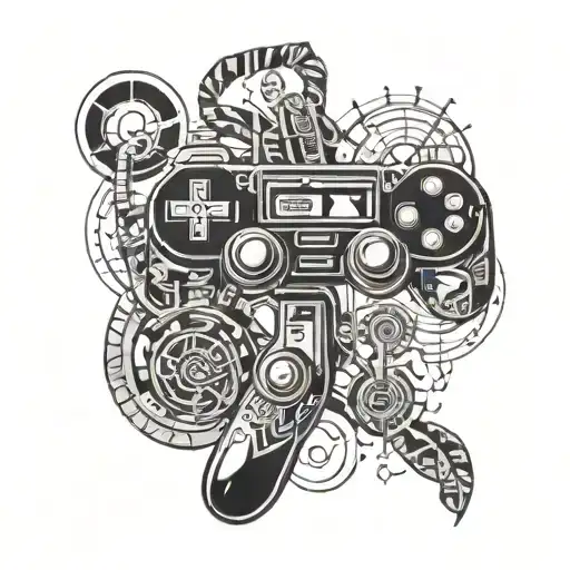 A Detailed Blackwork Tattoo Of A Music Note Intertwined With A Video Game Controller