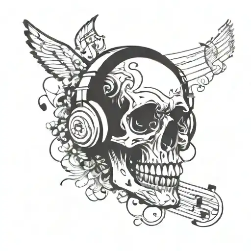 A Skull Wearing Headphones Surrounded By Music Notes