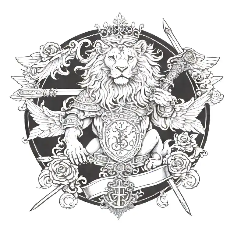 Crowned And Winged Lion Holding Swords With Crossed Keys Forming A Blank Name Banner
