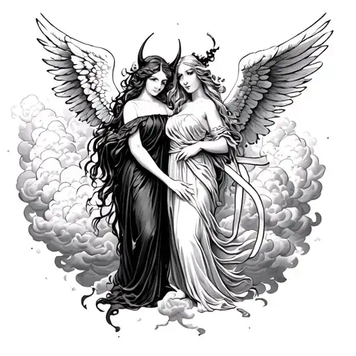 Angel And Demon Women Holding A Ribbon With Clouds Surrounding