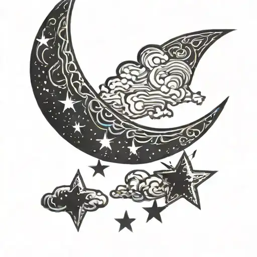 Crescent Moon With Clouds And Stars