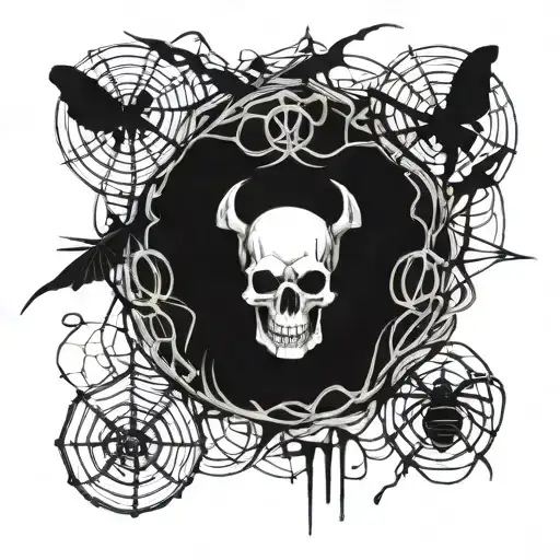 A Skull Surrounded By Spiders And Cobwebs With Musical Notes Intertwined