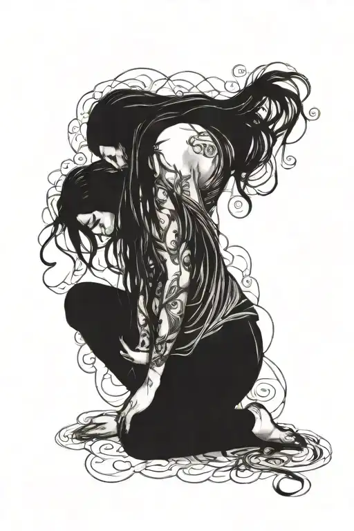 A Woman Begging On Her Knees With Long Hair Bowing Her Head