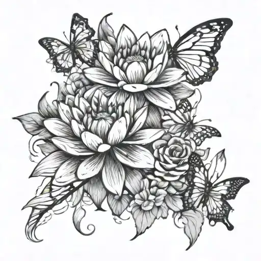 A Water Lily Daisies And Rose Intertwined With Butterflies