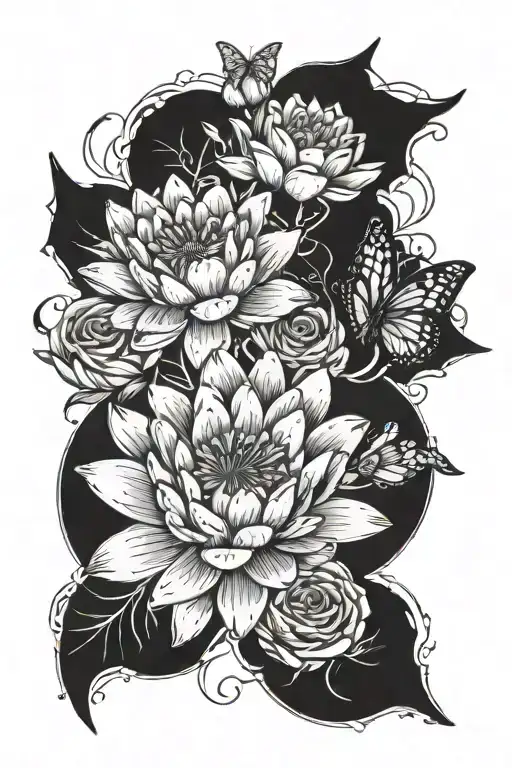 A Water Lily Daisies And Rose Intertwined With Butterflies