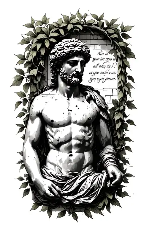 Vines Cover A Crumbling Greek Statue With Greek Quote About Love Going Along The Vines