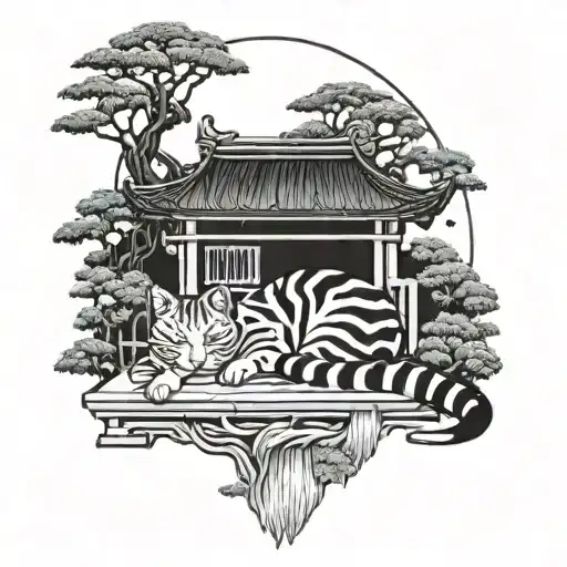 A Cat Sleeping Japanese Shrine Garden Scene