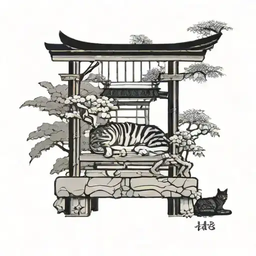 A Cat Sleeping Japanese Torii Garden Scene Featuring