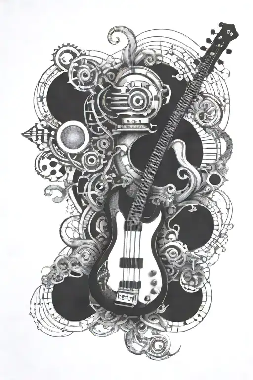 Incorporate A Musicman Bongo Bass Guitar Into A Design With Intricate Blackwork Detailing