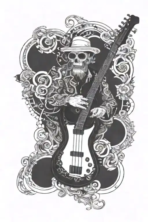 Incorporate A Musicman Bongo Bass Guitar Into A Design With Intricate Blackwork Detailing