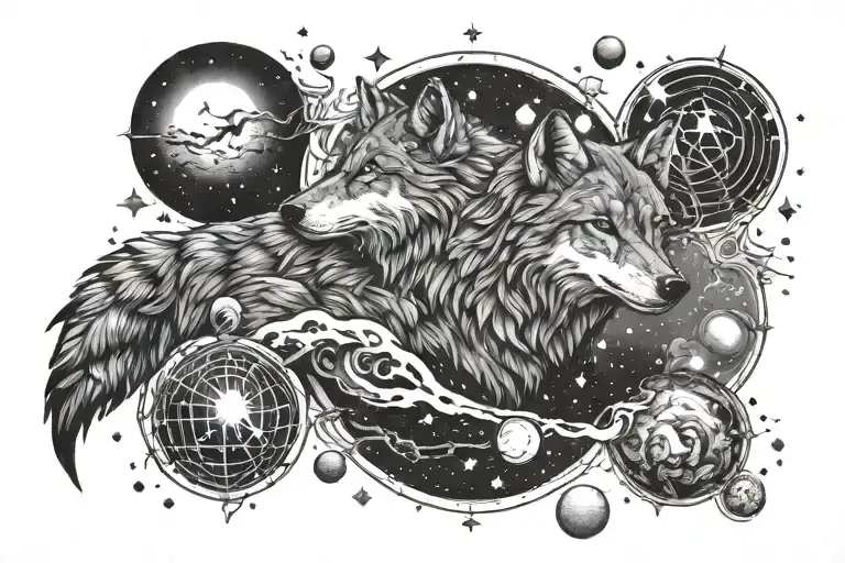 Wolf Surrounded By Planets Stars And Nebulas