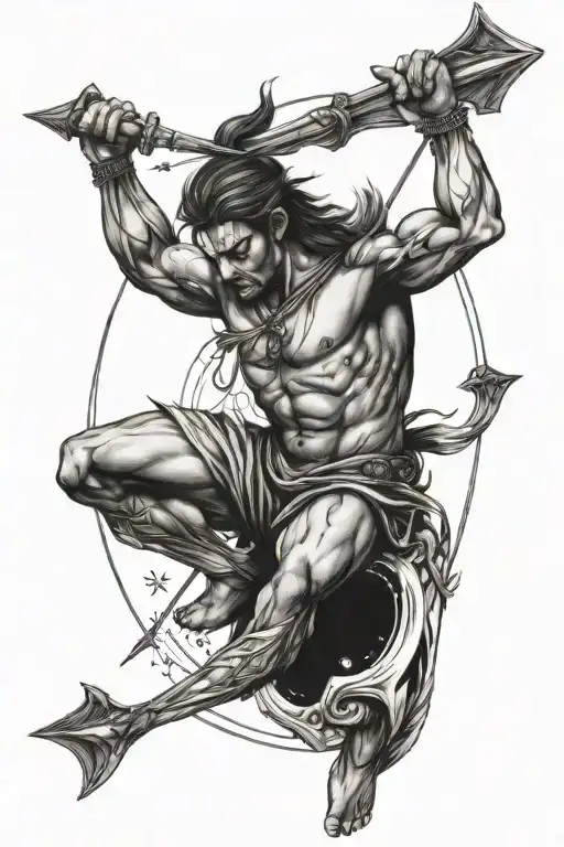 Sagittarius With Muscular Body With Arrow And Planet Jupiter In Background