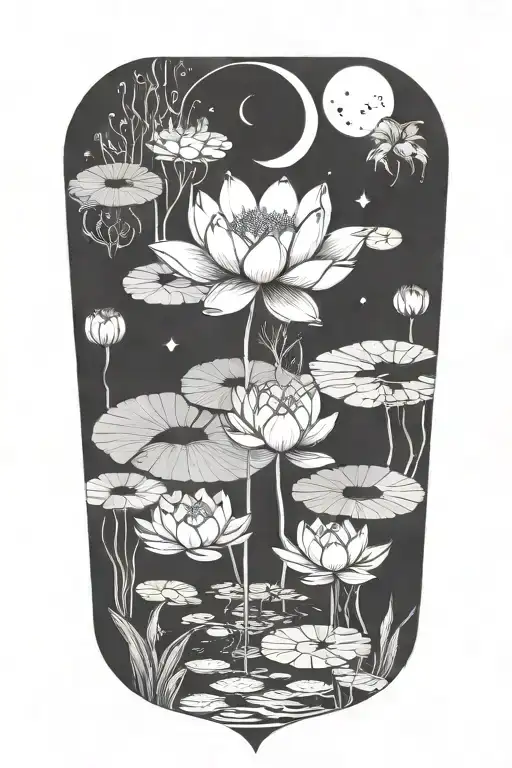 Lotus Flower Pond With Moon Phases