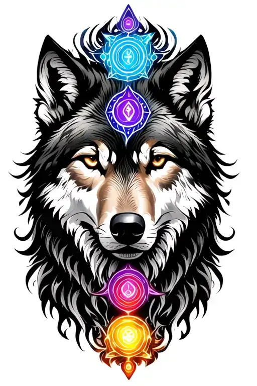 Wolf And 7 Chakra Symbols