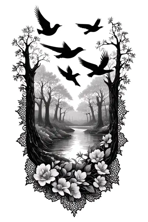 Floral Lace With Cute Birds Flying In Forest Scene