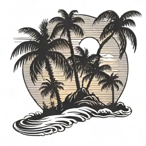 Palm Tree On Island And Sunset With Girls