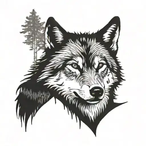 A Blackwork Tattoo Of A Lone Wolf Standing In A Serene Forest Clearing