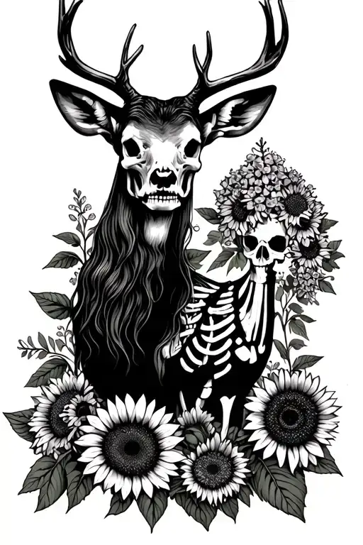 Lilacs And Sunflowers Blooming With A Deer And Also A Cowboy Skeleton With A Wild West Vibe
