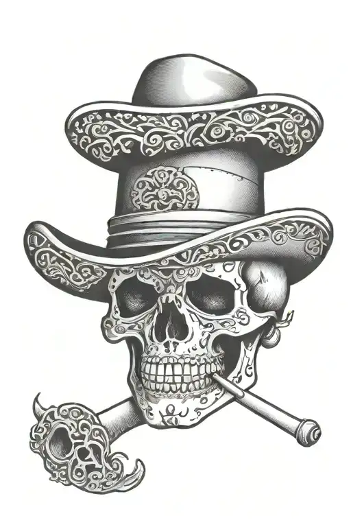 Dead Mariachi Skull With Hat Mustache