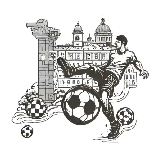 A Construction Worker Silhouette Kicking A Soccer Ball With Portuguese Landmarks In The Background