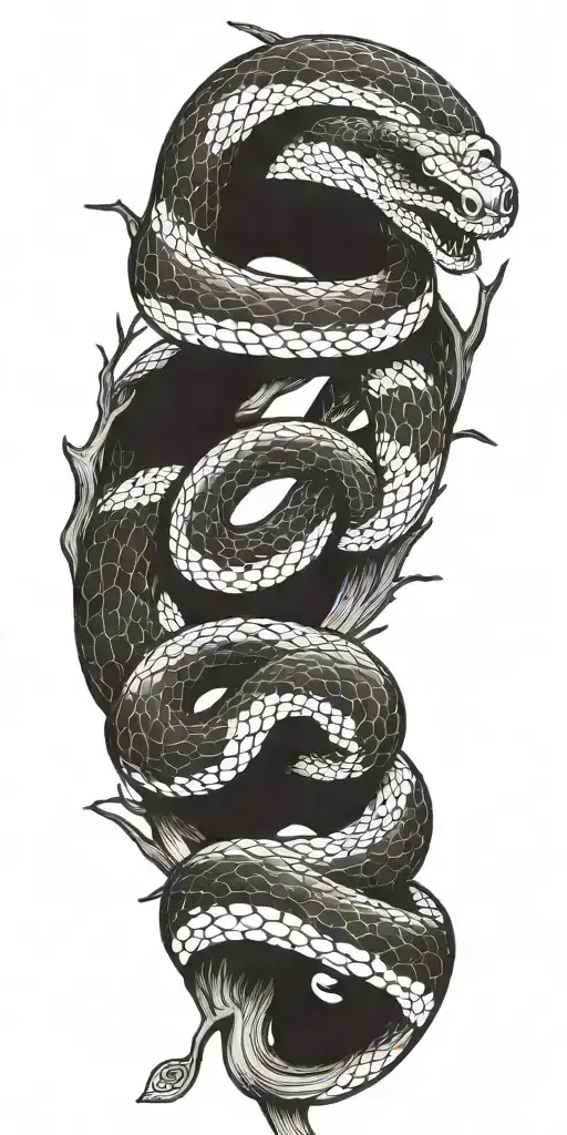 Snake Coiling Around A Single Tree Branch With Bark