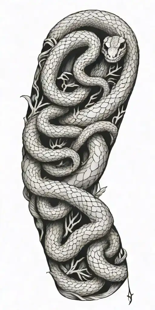 Tree Bark Arm Sleeve With Snake Coiling Around The Arm