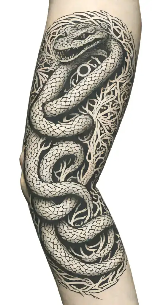 Tree Bark Arm Sleeve With Snake Coiling Around The Arm
