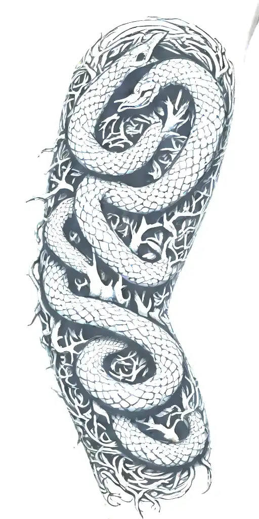 Arm Covered With Tree Bark With Snake Coiling Around The Arm