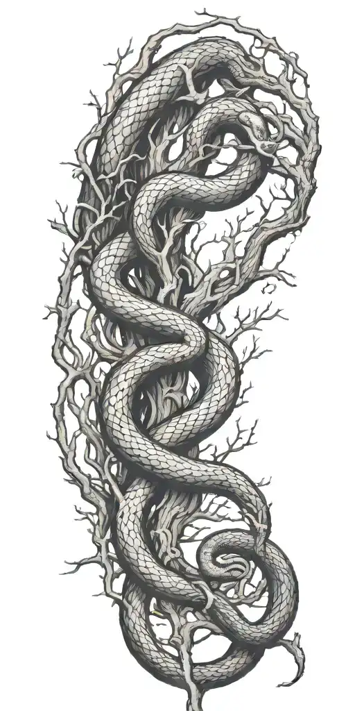 Large Tree Branch With No Leaves With Snake Coiling Around The Arm