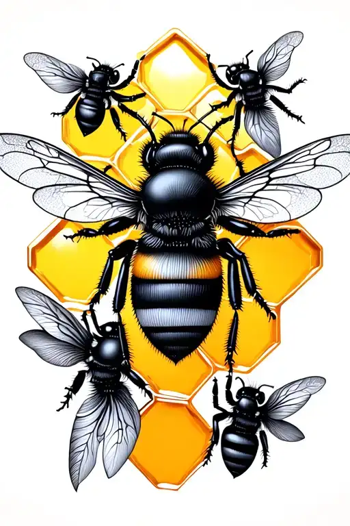 Bees With Black And Grey Honey Comb In The Background