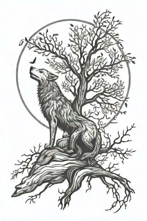 Willow Tree With Dire Wolf Howling At The Moon