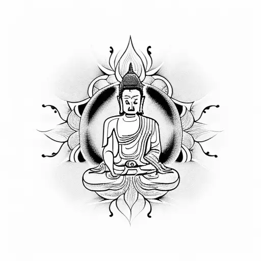 A Harmonious Design Featuring A Praying Buddha And The 7 Chakras In Blackwork Style
