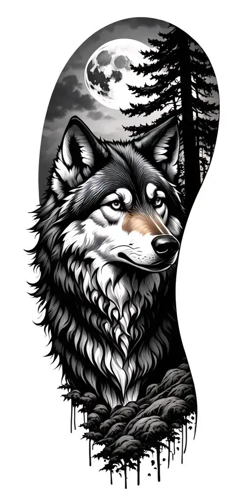 Massive Forest Landscape With A Wolf And Moon